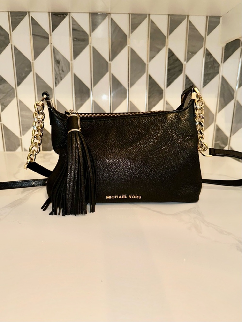 Michael Kors Black Pebbled Leather Crossbody Gold Chain Tassel Bag
